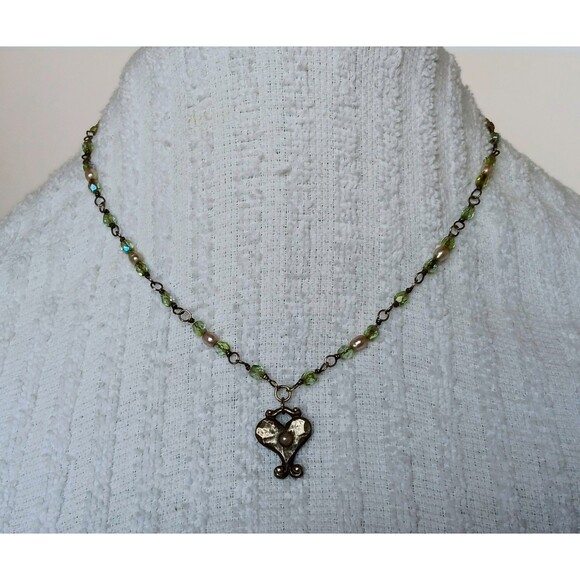 Artisan Sterling Silver Heart Pendant Green AB Glass & Pearl Necklace 16-18 in - Picture 1 of 15